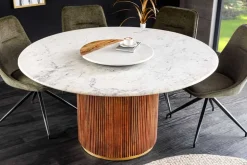 Runder Esstisch GATSBY 140cm braun gold Mangoholz weiße Marmorplatte Säulenfuß