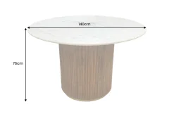 Runder Esstisch GATSBY 140cm braun gold Mangoholz weiße Marmorplatte Säulenfuß