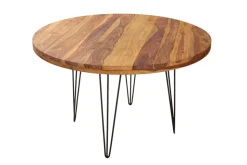 Runder Esstisch MAKASSAR 120cm braun Sheesham Massivholz stone finish Hairpin Legs