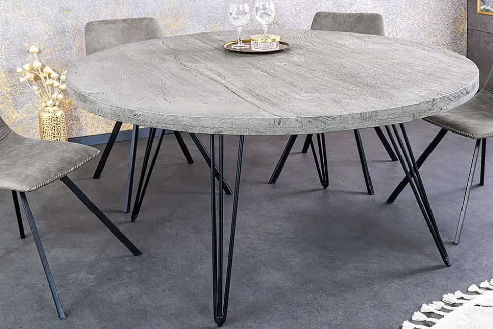 Runder Esstisch SCORPION 120cm grau Mangoholz massiv schwarze Metallbeine Hairpin Legs