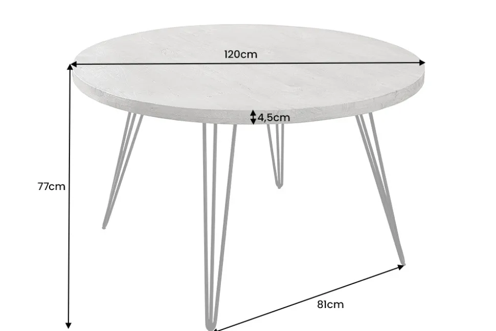Runder Esstisch SCORPION 120cm grau Mangoholz massiv schwarze Metallbeine Hairpin Legs
