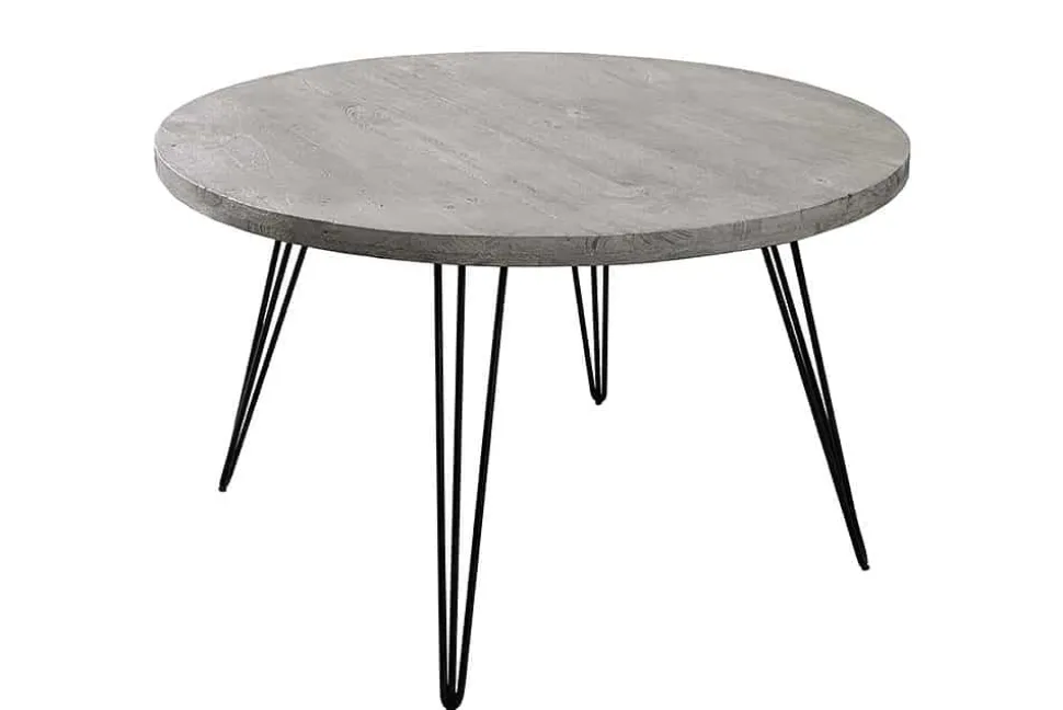 Runder Esstisch SCORPION 120cm grau Mangoholz massiv schwarze Metallbeine Hairpin Legs