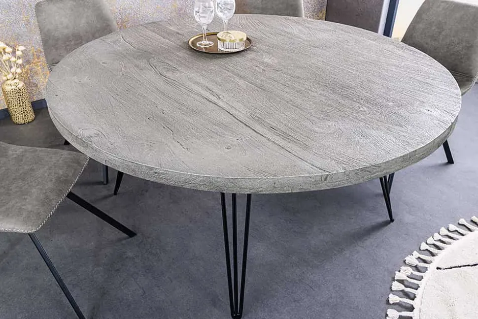 Runder Esstisch SCORPION 120cm grau Mangoholz massiv schwarze Metallbeine Hairpin Legs