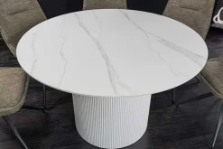 Runder Esstisch UNIQUE 120cm weiß Keramik mit Säulenfuß