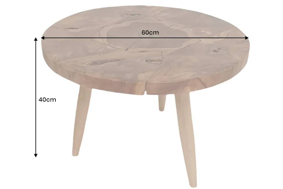 Runder Massivholz Couchtisch MOSAIK 60cm natur Teak Baumstamm handmade