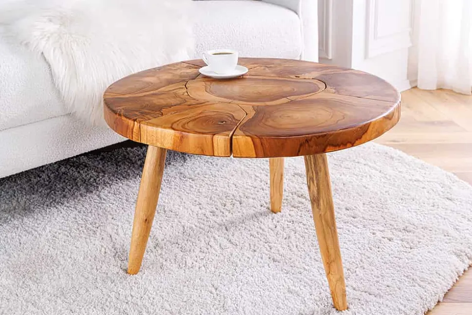 Runder Massivholz Couchtisch MOSAIK 60cm natur Teak Baumstamm handmade