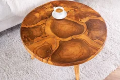 Runder Massivholz Couchtisch MOSAIK 60cm natur Teak Baumstamm handmade