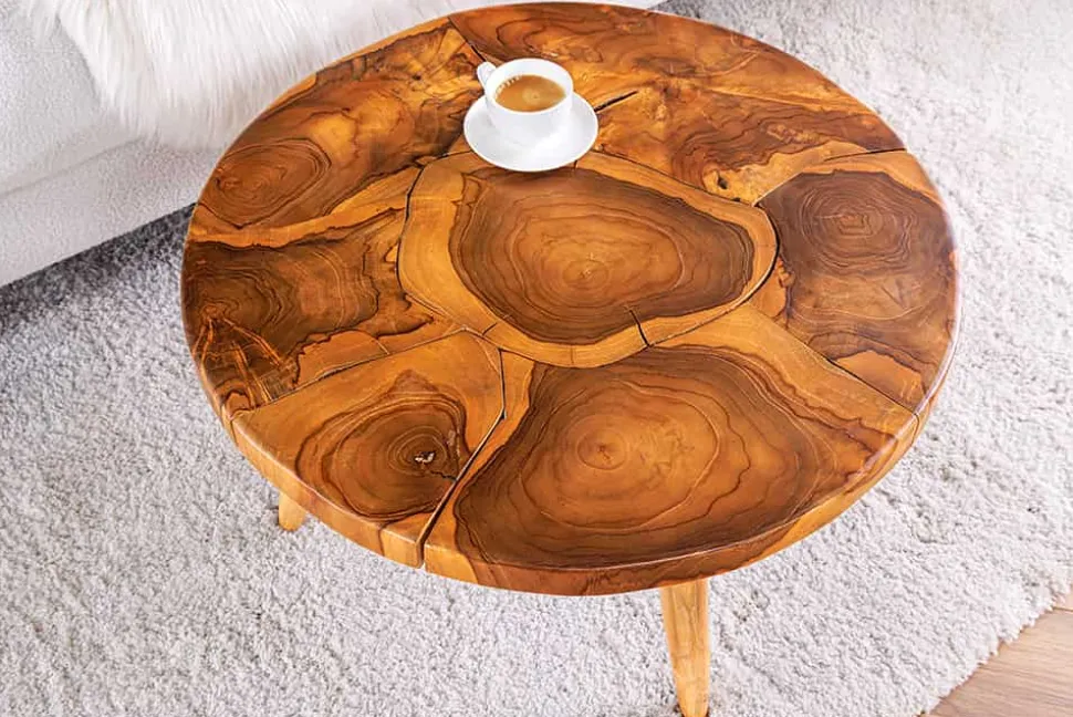 Runder Massivholz Couchtisch MOSAIK 60cm natur Teak Baumstamm handmade