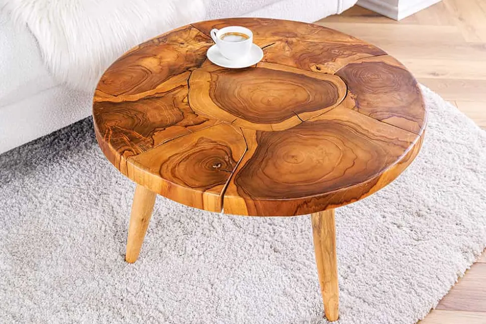 Runder Massivholz Couchtisch MOSAIK 60cm natur Teak Baumstamm handmade