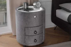Runder Nachttisch SIGNUM 55cm grau Vogue Velours Samt inkl. Beleuchtung Schubladen