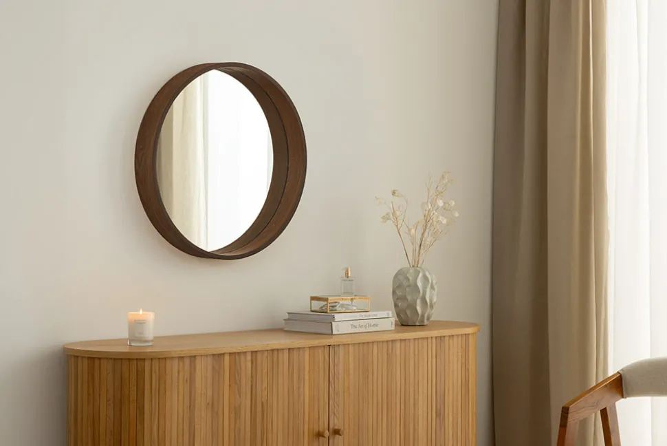 Runder Wandspiegel PORTRAIT 70cm braun Echtholzfurnier in Walnussholz-Design