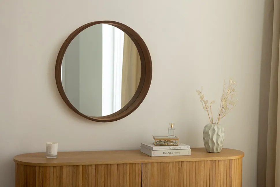 Runder Wandspiegel PORTRAIT 70cm braun Echtholzfurnier in Walnussholz-Design