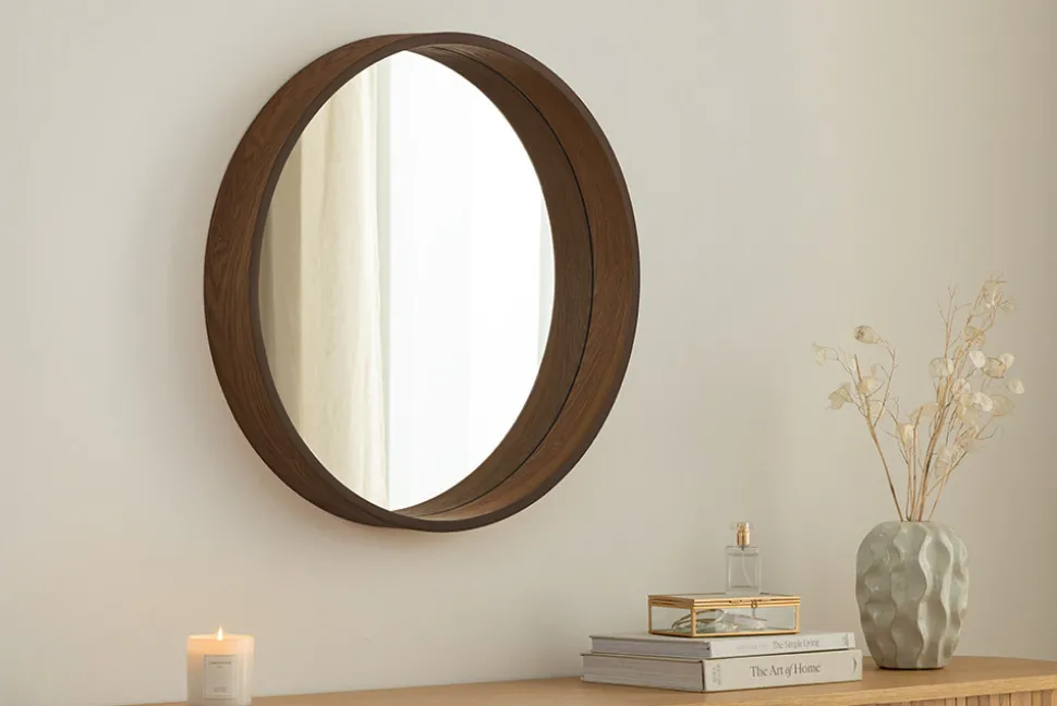 Runder Wandspiegel PORTRAIT 70cm braun Echtholzfurnier in Walnussholz-Design
