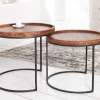 Rundes 2er Set Beistelltische ELEMENTS 55cm Akazie stone finish Metall schwarz