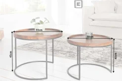 Rundes 2er Set Beistelltische ELEMENTS 55cm Akazie stone finish Metall schwarz