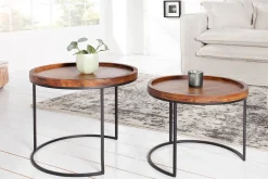 Rundes 2er Set Beistelltische ELEMENTS 55cm Akazie stone finish Metall schwarz