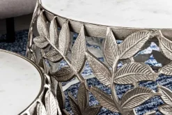 Rundes 2er Set Couchtische ABSTRACT LEAF 70cm weiß silber Marmor Metall Blatt-Design