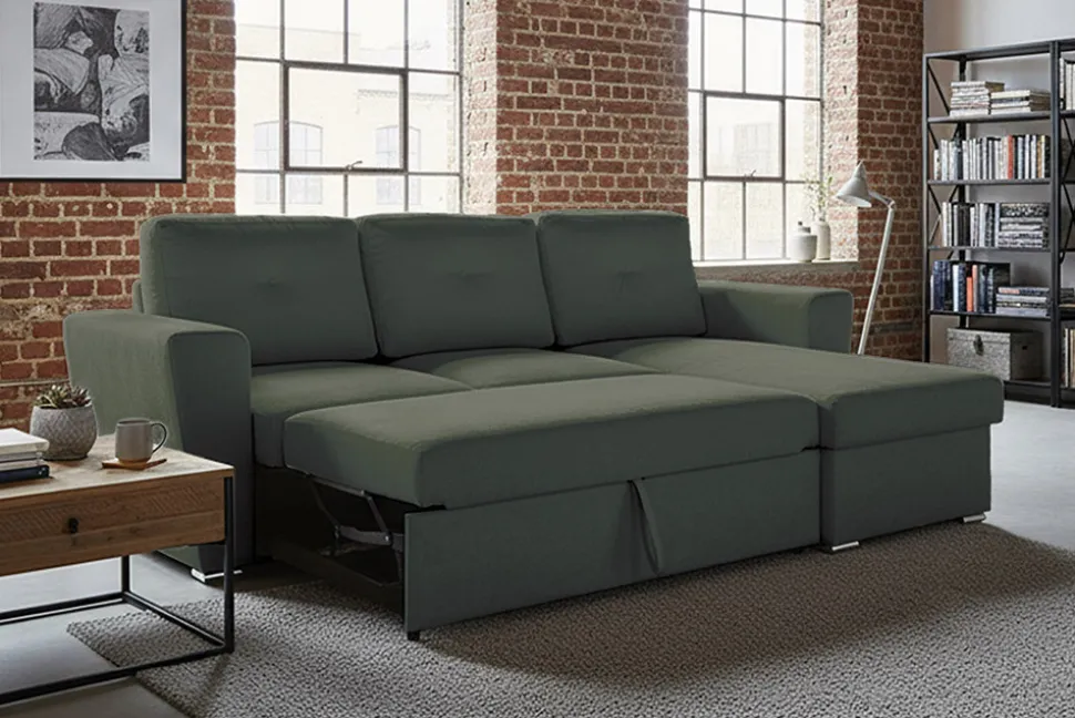 Schlafecksofa APARTMENT 245cm grün Strukturstoff inkl. Stauraum beidseitig aufbaubar