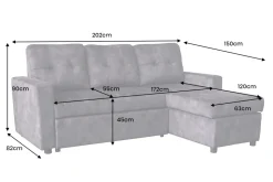 Schlafecksofa APARTMENT 205cm grau Samt 3-Sitzer inkl. Stauraum beidseitig aufbaubar