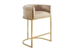Stilvoller Barhocker ELEGANCE beige Samt gold Edelstahl mit Armlehne und Fußablage
