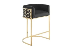 Stilvoller Barhocker ELEGANCE schwarz Samt gold Edelstahl mit Armlehne und Fußablage