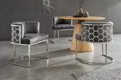 Stilvoller Stuhl ELEGANCE grau Samt silber Edelstahl mit Armlehne
