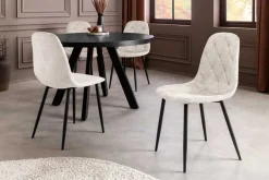 Stilvoller Stuhl GLAMM champagner beige Chenille Cremona mit Rauten-Steppung schwarz Metall