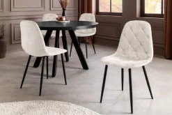 Stilvoller Stuhl GLAMM champagner beige Chenille Cremona mit Rauten-Steppung schwarz Metall