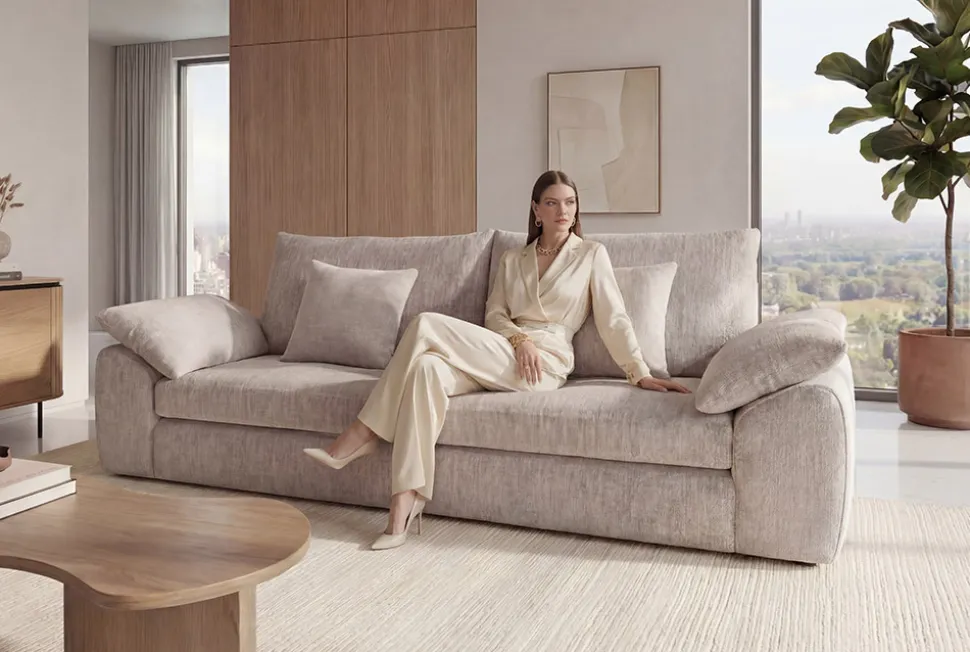 Stilvolles Sofa SOHO 225cm beige Chenille 3-Sitzer Couch mit Wellenunterfederung
