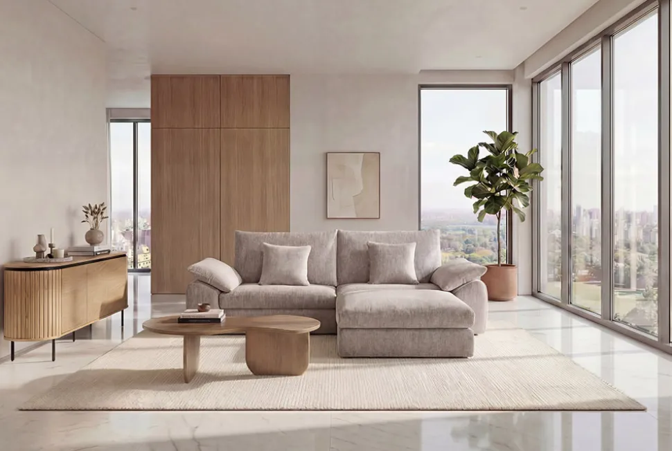 Stilvolles Sofa SOHO 225cm beige Chenille 3-Sitzer Couch mit Wellenunterfederung
