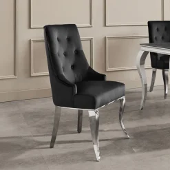Stuhl MODERN BAROCK DELUXE schwarz Samt silber Edelstahlbeine mit Löwenkopf