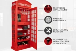 Vintage Barschrank TELEPHONE 200cm rot Mangoholz massiv englische Telefonzelle Vitrine