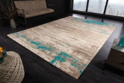 Vintage Baumwoll-Teppich MODERN ART XXL 350x240cm greige türkis verwaschen Used Look