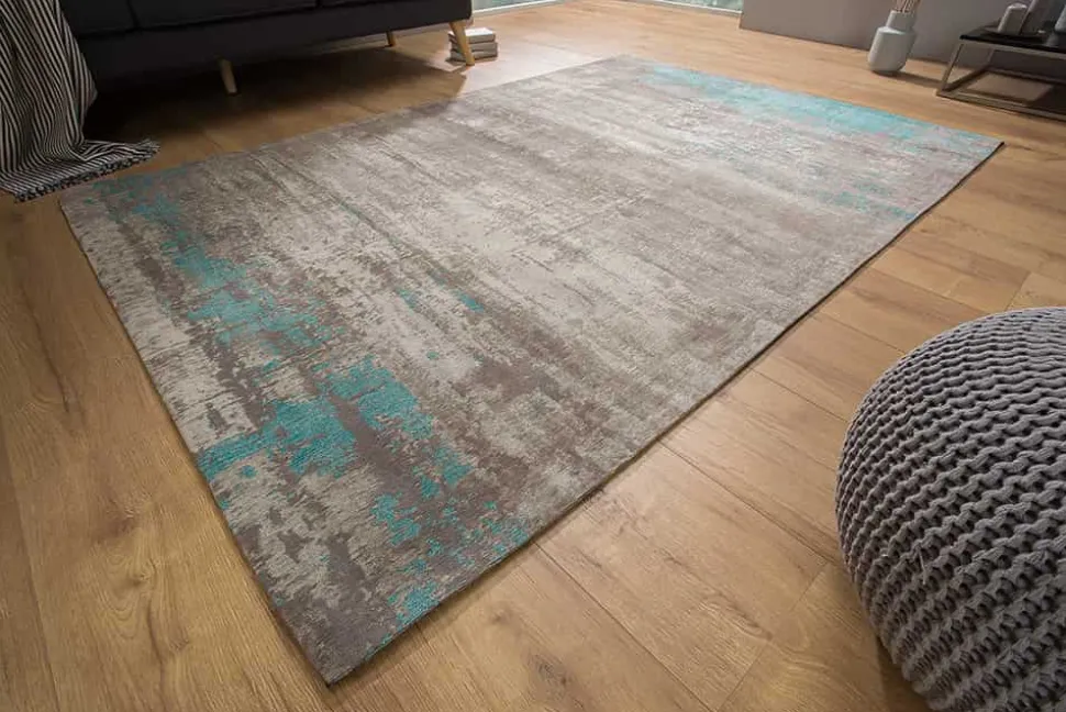 Vintage Baumwoll-Teppich MODERN ART 240x160cm greige türkis verwaschen Used Look