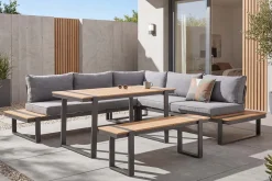 Wetterfestes Gartenmöbel Set TAMPA LOUNGE 250cm grau Aluminium inkl. Sitzbank Tisch Kissen